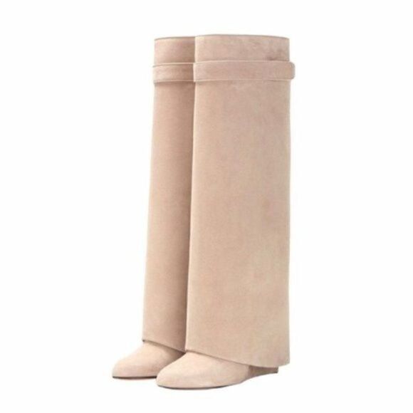 FSJ Women Classic Round Toe Wedge Heel Over The Knee Boots Suede Shoes - Picture 1 of 10